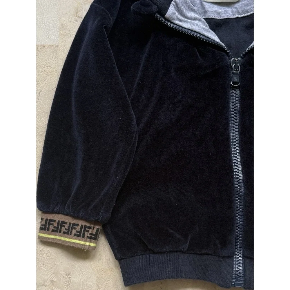FENDI Kids Italy designer Navy Full Zip Velour Logo Hoodie Luxury Sz 24 Months - Picture 2 of 10